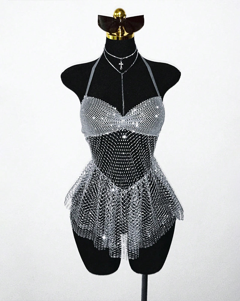 Rhinestone Mesh Halter Bodycon Mini Dress with Mesh Fringe Hem