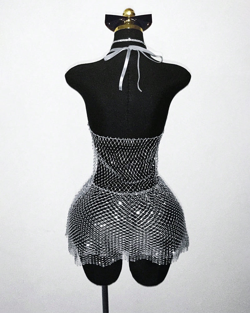 Rhinestone Mesh Halter Bodycon Mini Dress with Mesh Fringe Hem