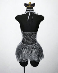 Rhinestone Mesh Halter Bodycon Mini Dress with Mesh Fringe Hem