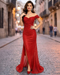 Sequin Off Shoulder Ruched Bodycon Maxi Dress with Side Slit