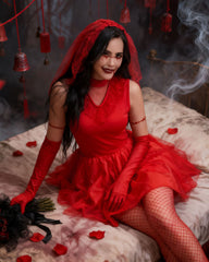 Red Vampire Bridal Costume Set Tulle Mini Dress with Veil Gloves and Fishnet Stockings
