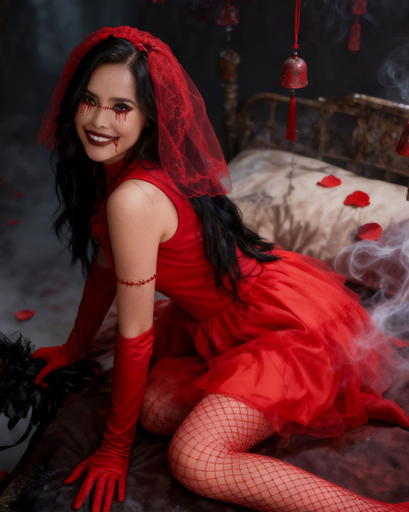 Red Vampire Bridal Costume Set Tulle Mini Dress with Veil Gloves and Fishnet Stockings