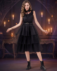 Gothic Sleeveless Tulle Midi Dress with Ruffled Lace Collar and Belt