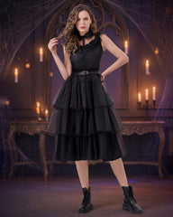 Gothic Sleeveless Tulle Midi Dress with Ruffled Lace Collar and Belt
