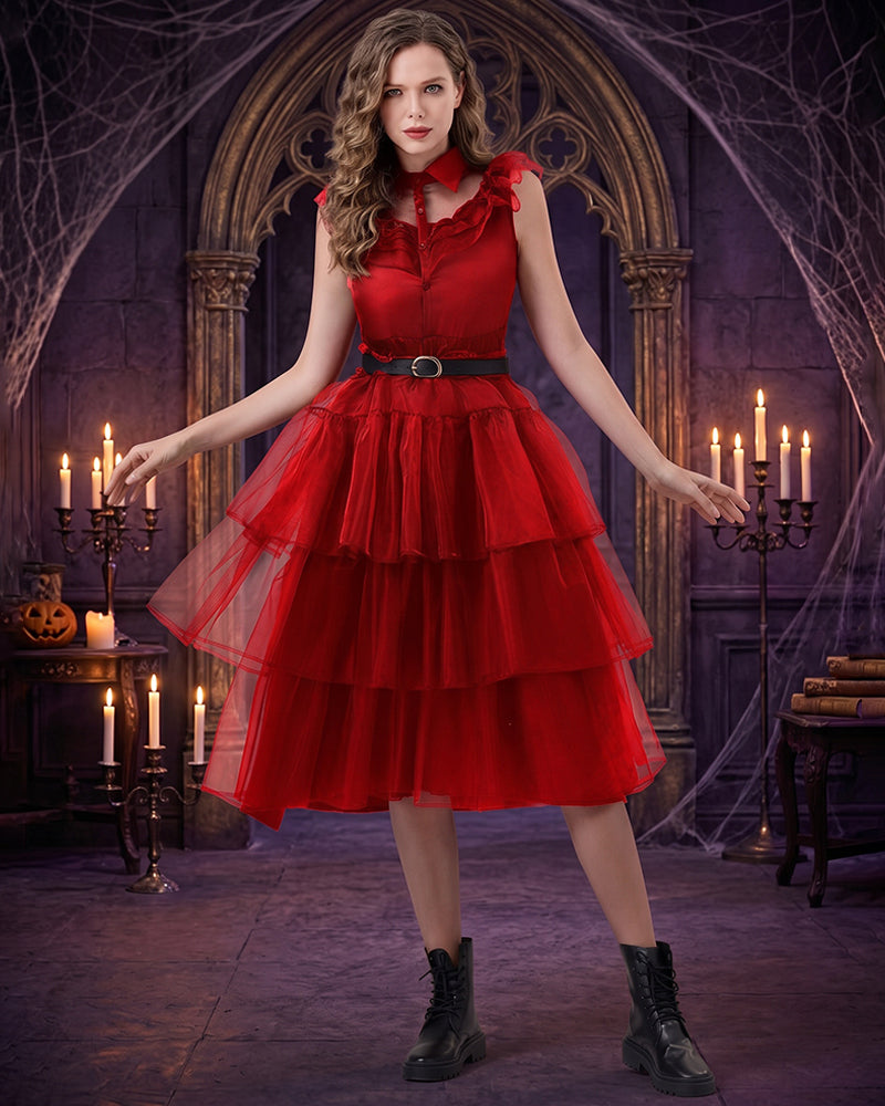 Gothic Sleeveless Tulle Midi Dress with Ruffled Lace Collar and Belt