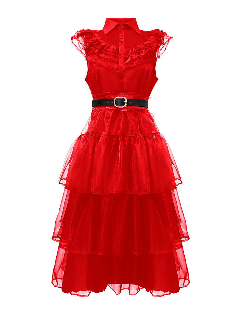 Gothic Sleeveless Tulle Midi Dress with Ruffled Lace Collar and Belt