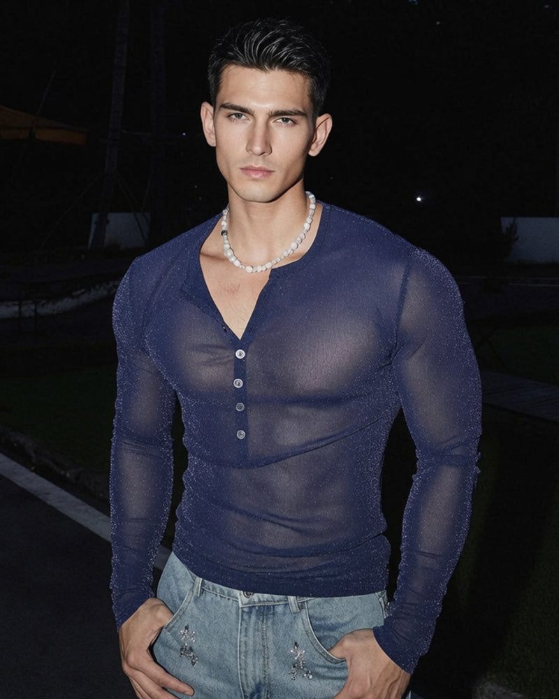 Men's Sheer Glitter Button Henley Long Sleeve Top