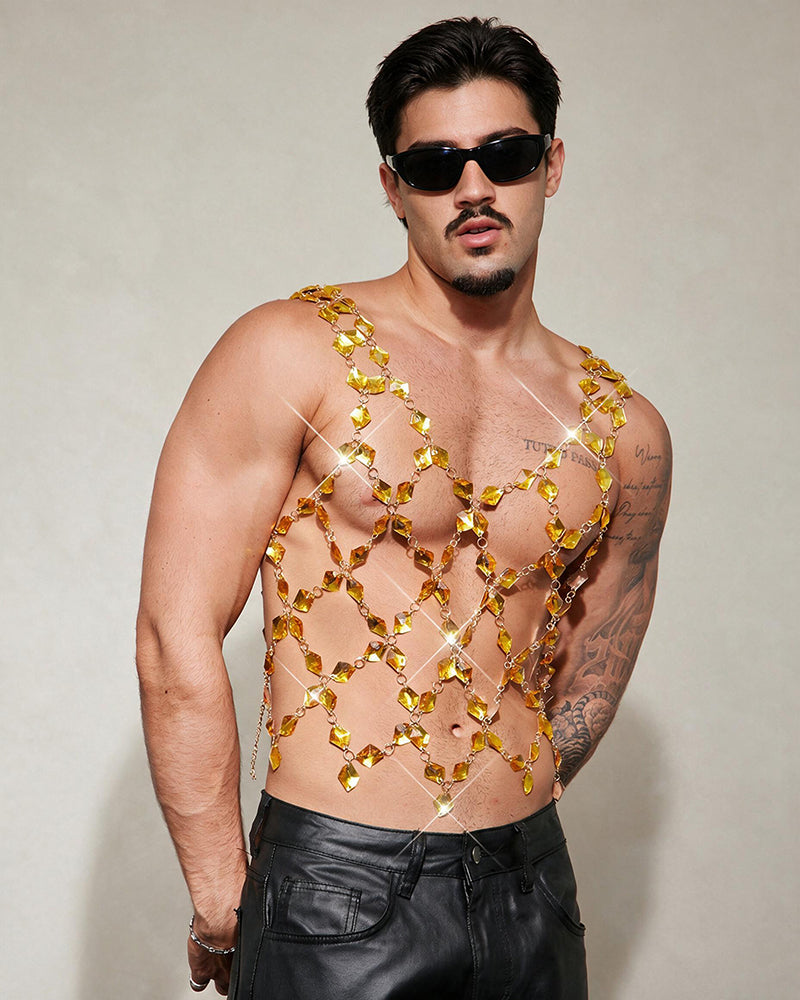 Men's Crystal Gem Chain Body Harness Top