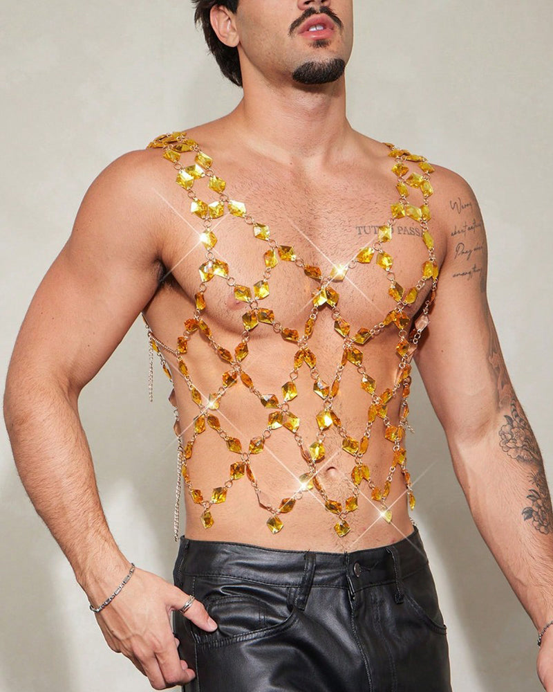 Men's Crystal Gem Chain Body Harness Top