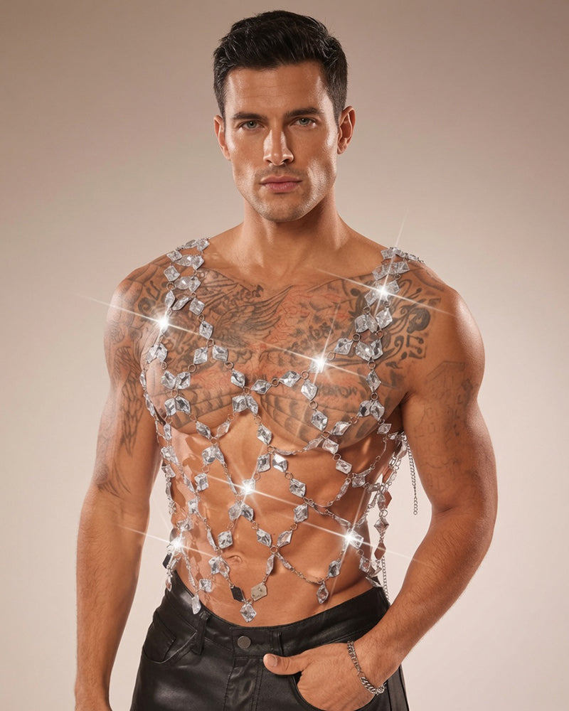 Men's Crystal Gem Chain Body Harness Top