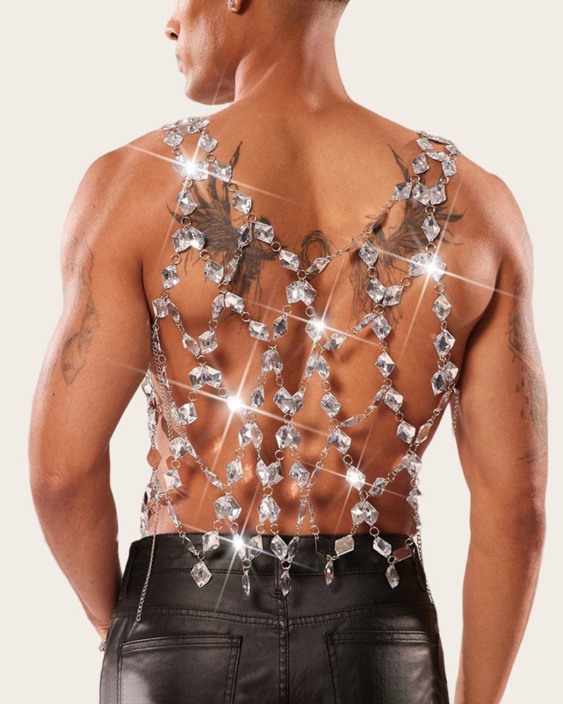 Men's Crystal Gem Chain Body Harness Top