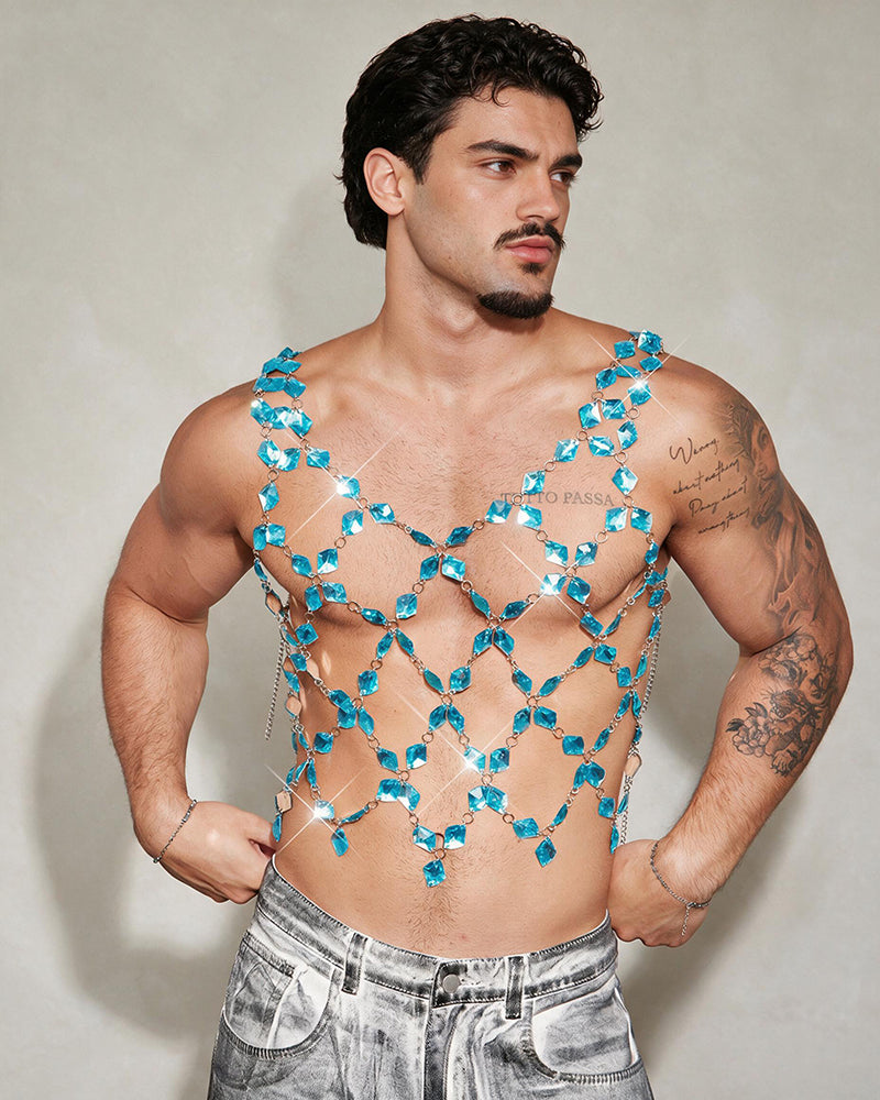 Men's Crystal Gem Chain Body Harness Top