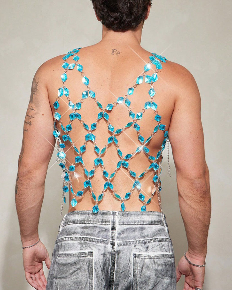 Men's Crystal Gem Chain Body Harness Top