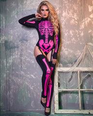 Neon Skeleton Print Bodysuit with Stockings and Gloves Halloween Set
