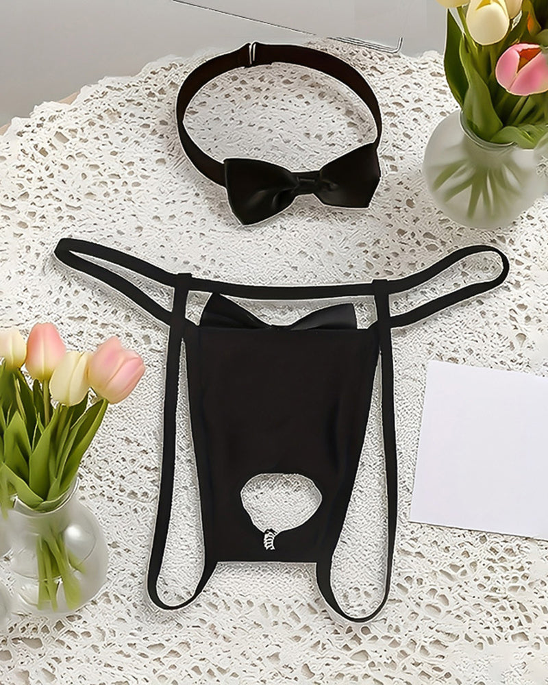 Men's Novelty Print Open Pouch G-String Thong & Bow Collar Set