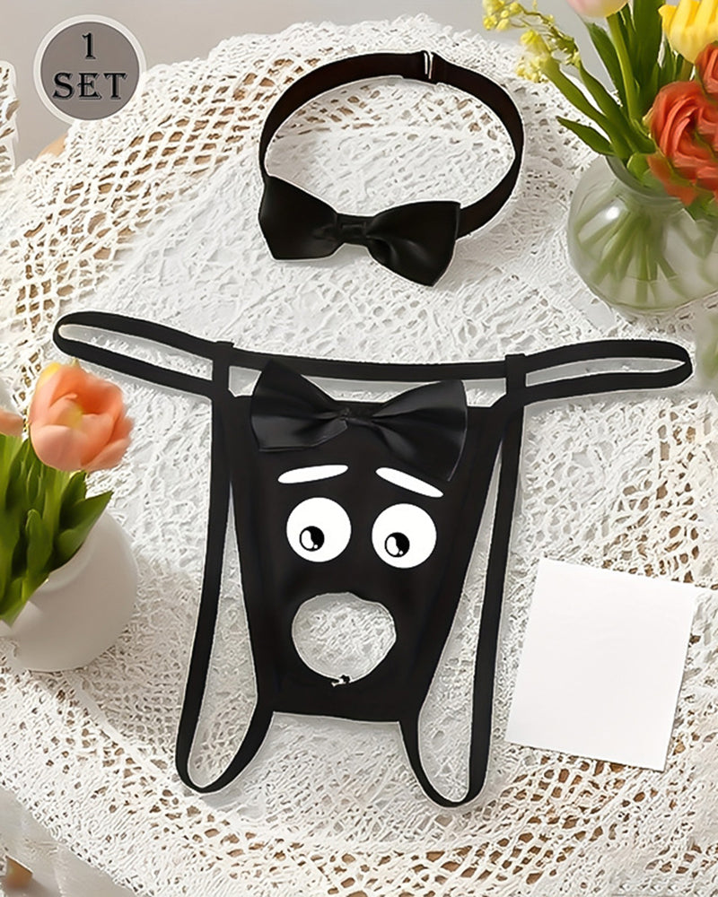 Men's Novelty Print Open Pouch G-String Thong & Bow Collar Set
