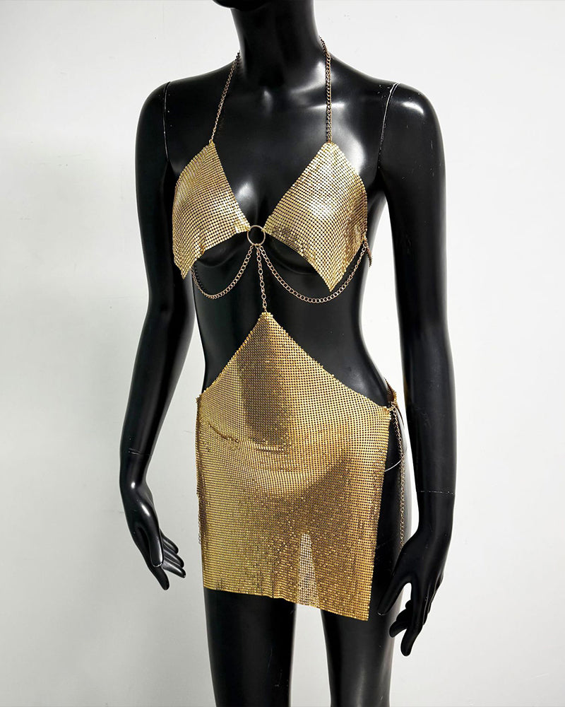 Metallic Chain Ring Bra Top and Mini Skirt Set