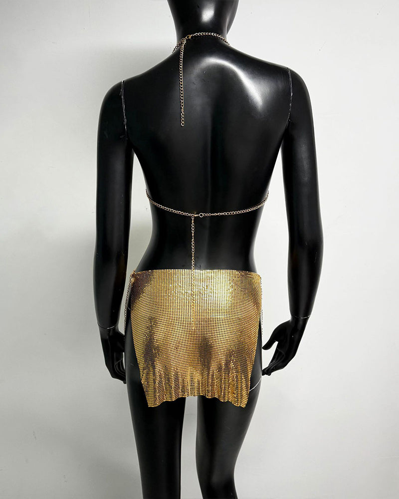 Metallic Chain Ring Bra Top and Mini Skirt Set