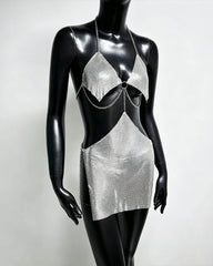 Metallic Chain Ring Bra Top and Mini Skirt Set