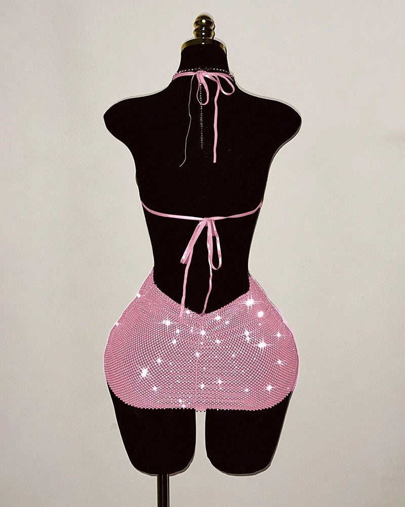 Rhinestone Fishnet Backless Halter Mini Dress