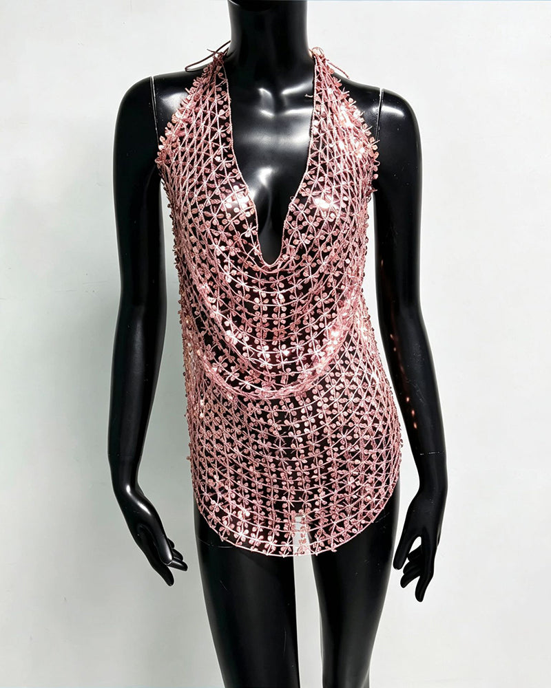 Sequin Fringe Halter Long Top