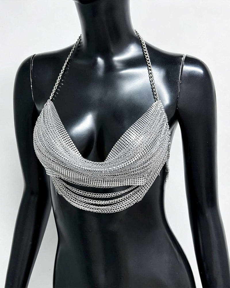Metallic Chain Drape Halter Bra Top