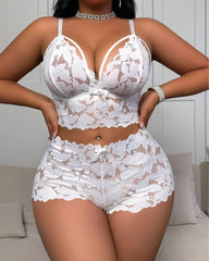 Plus Size Floral Lace Bra and Shorts Lingerie Set