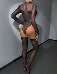 Sheer Mesh Deep V Halter Long Sleeve Bodysuit with Stockings