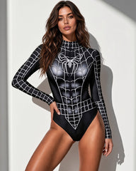 Spiderweb Print Long-Sleeve Zip-Up Costume Bodysuit