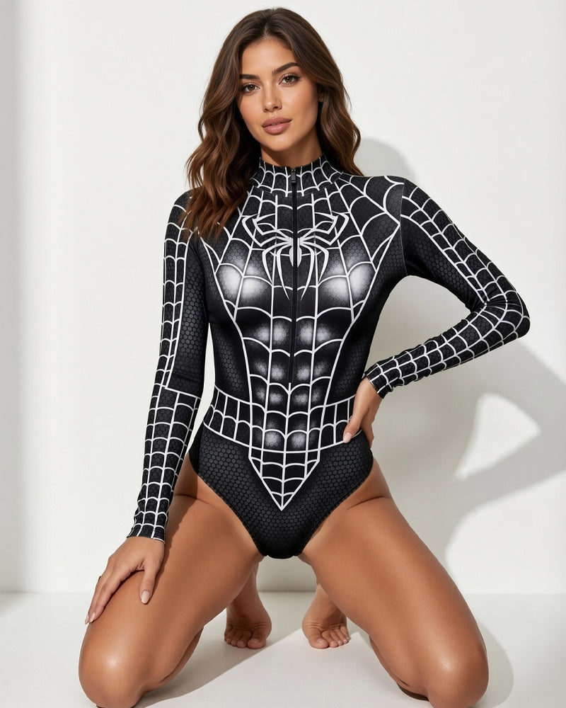 Spiderweb Print Long-Sleeve Zip-Up Costume Bodysuit