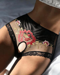 Floral Embroidered Mesh Crotchless High-Waist Panty