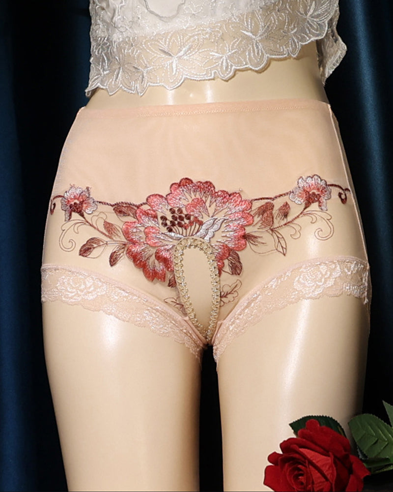 Floral Embroidered Mesh Crotchless High-Waist Panty