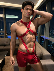 Men's Glossy Vinyl Harness Suspender Shorts Set