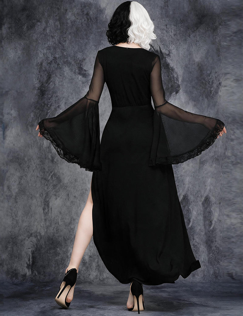 Gothic Dark Halloween Mesh Cape Sleeve Deep V Slit Maxi Dress