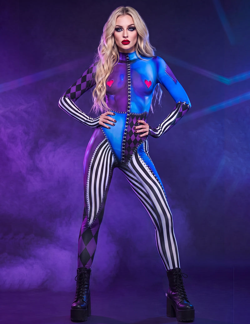 Halloween Skeleton Print Zipper Front Bodysuit Jumpsuit