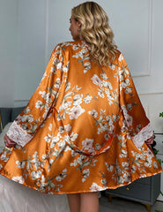 Floral Print Satin Lace Bra Top Shorts and Robe 3-Piece Set
