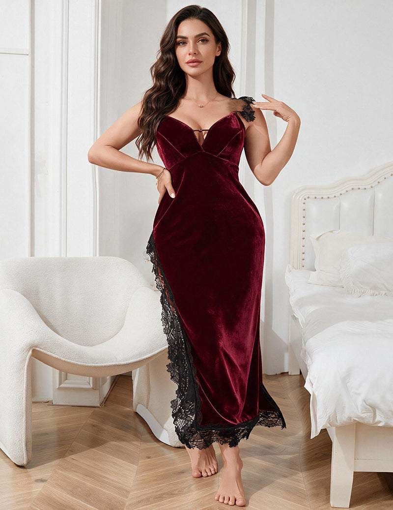 Velvet Sweetheart Lace Trim Slit Maxi Nightgown
