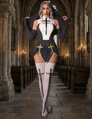 Sexy Nun Costume 4-Piece Set with Hooded Veil, Gloves and Cross Stockings