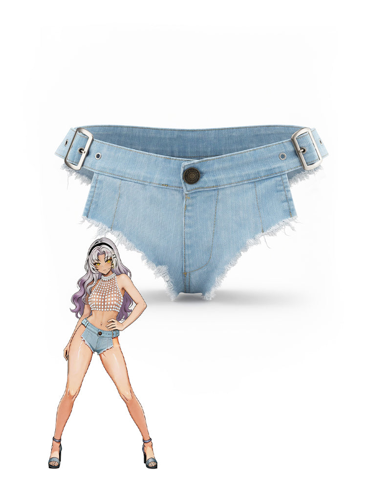 Pearl Chain Halter Crop Top & High Waisted Denim Shorts